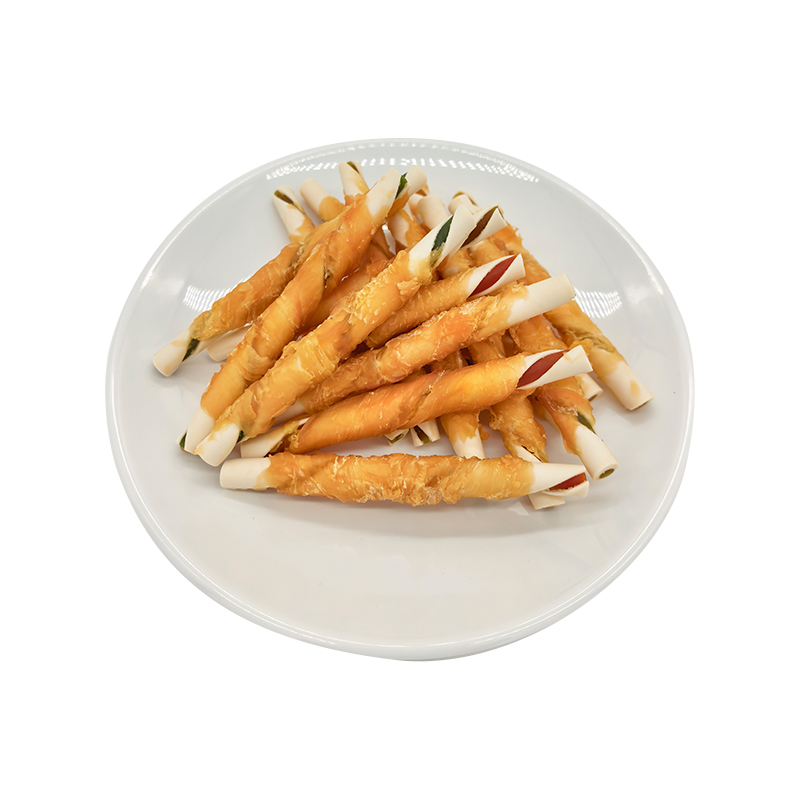 Rollitos de pollo envueltos en almidón de dos colores: golosinas masticables para perros de larga duración