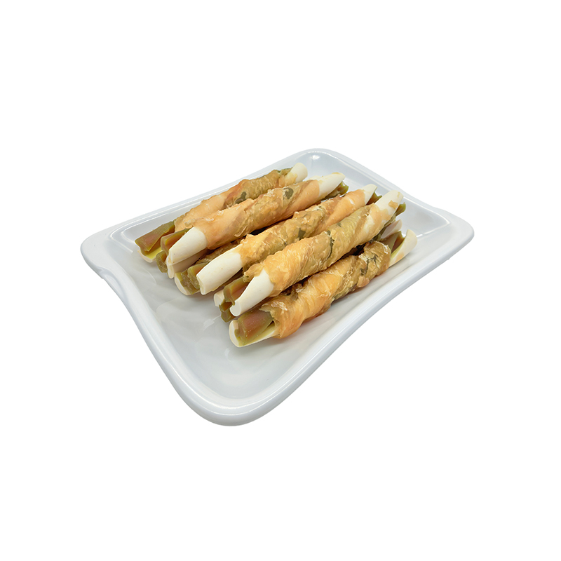 Palitos retorcidos bicolores en forma de mariposa envueltos en pollo: golosinas masticables para perros de larga duración (12-12,5 cm)