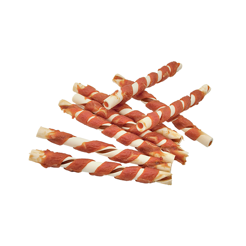 Palillo masticable retorcido envuelto en tiras de pato de dos colores: golosinas masticables para perros de larga duración (12-12,5 cm)