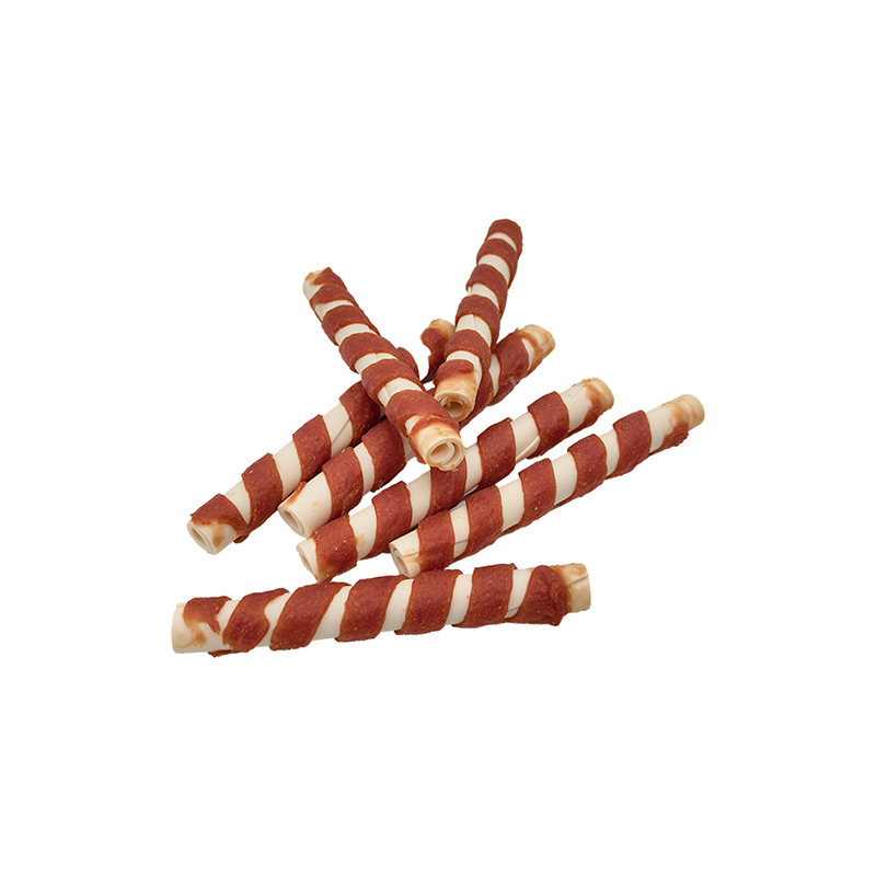 Palillo masticable hueco y retorcido, envuelto en tiras de pato de un solo color, golosinas masticables para perros de larga duración (12-12,5 cm)