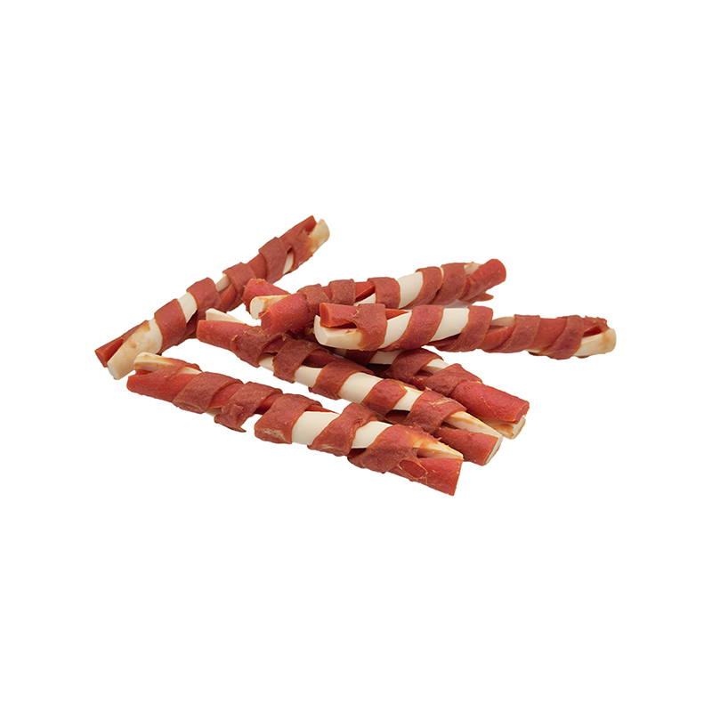 Palillo masticable retorcido en forma de mariposa, envuelto en tiras de pato de dos colores, golosinas masticables para perros de larga duración (12-12,5 cm)