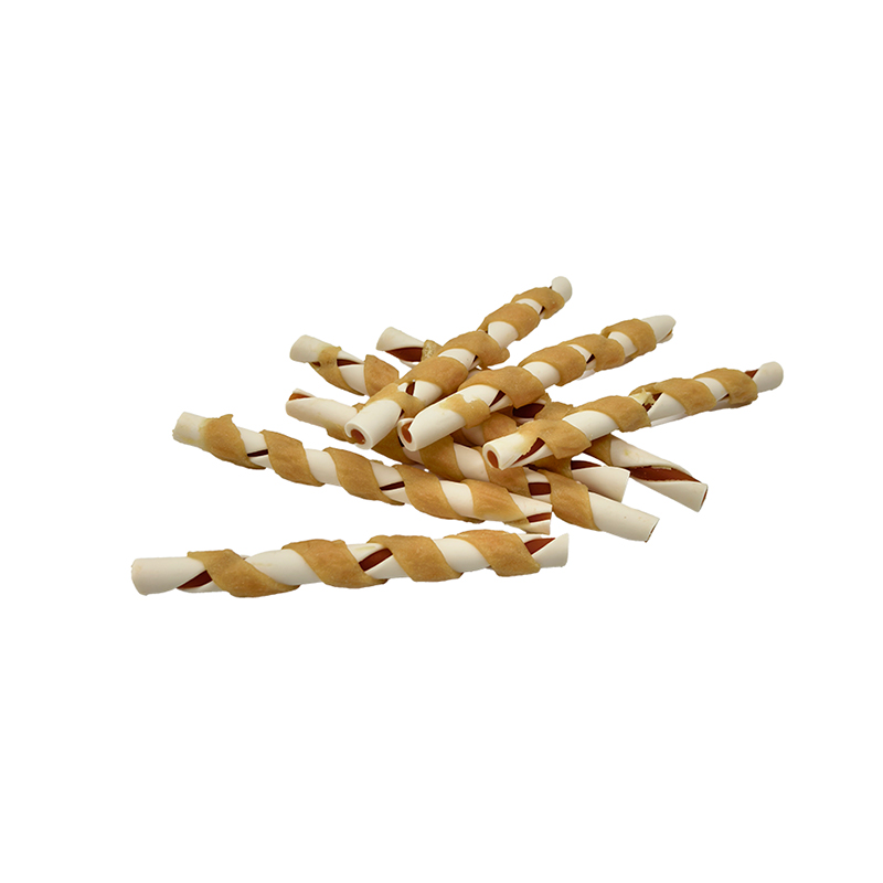 Palillo masticable retorcido envuelto en tiras de pollo de dos colores – Golosinas masticables para perros de larga duración (12-12,5 cm)