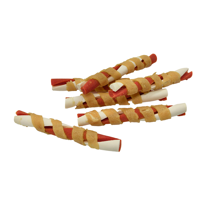Palillo masticable retorcido en forma de mariposa, envuelto en tiras de pollo de dos colores, golosinas masticables para perros de larga duración (12-12,5 cm)