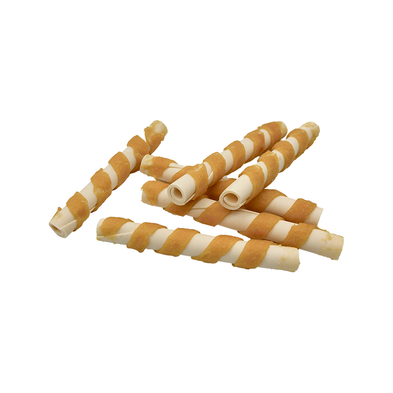 Palillo masticable hueco y retorcido, envuelto en tiras de pollo de un solo color, golosinas masticables para perros de larga duración (12-12,5 cm)