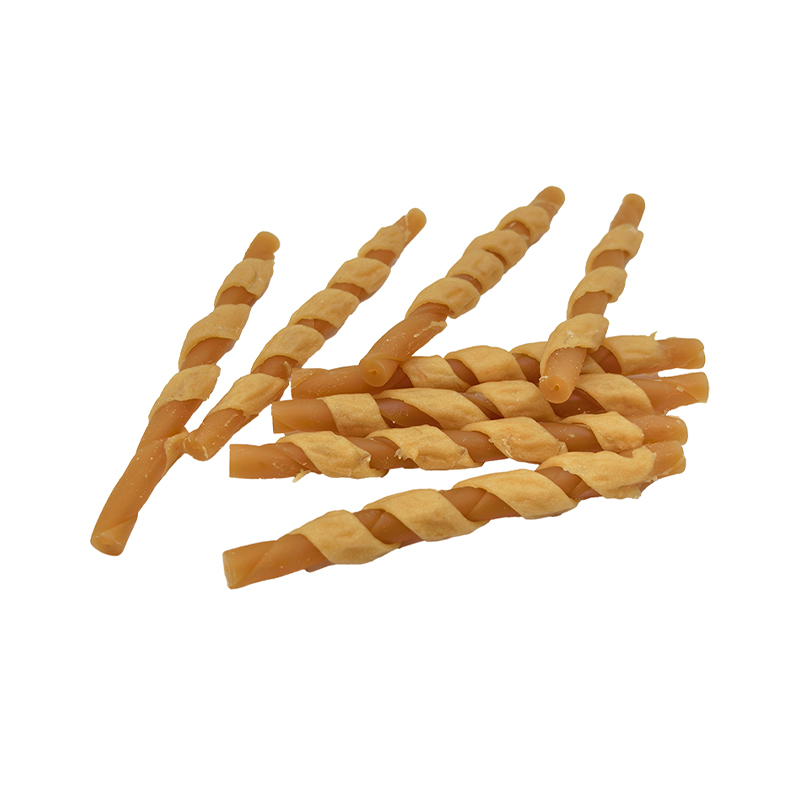 Palillo masticable retorcido envuelto en tiras de pollo de un solo color – Golosinas masticables para perros de larga duración (12-12,5 cm)