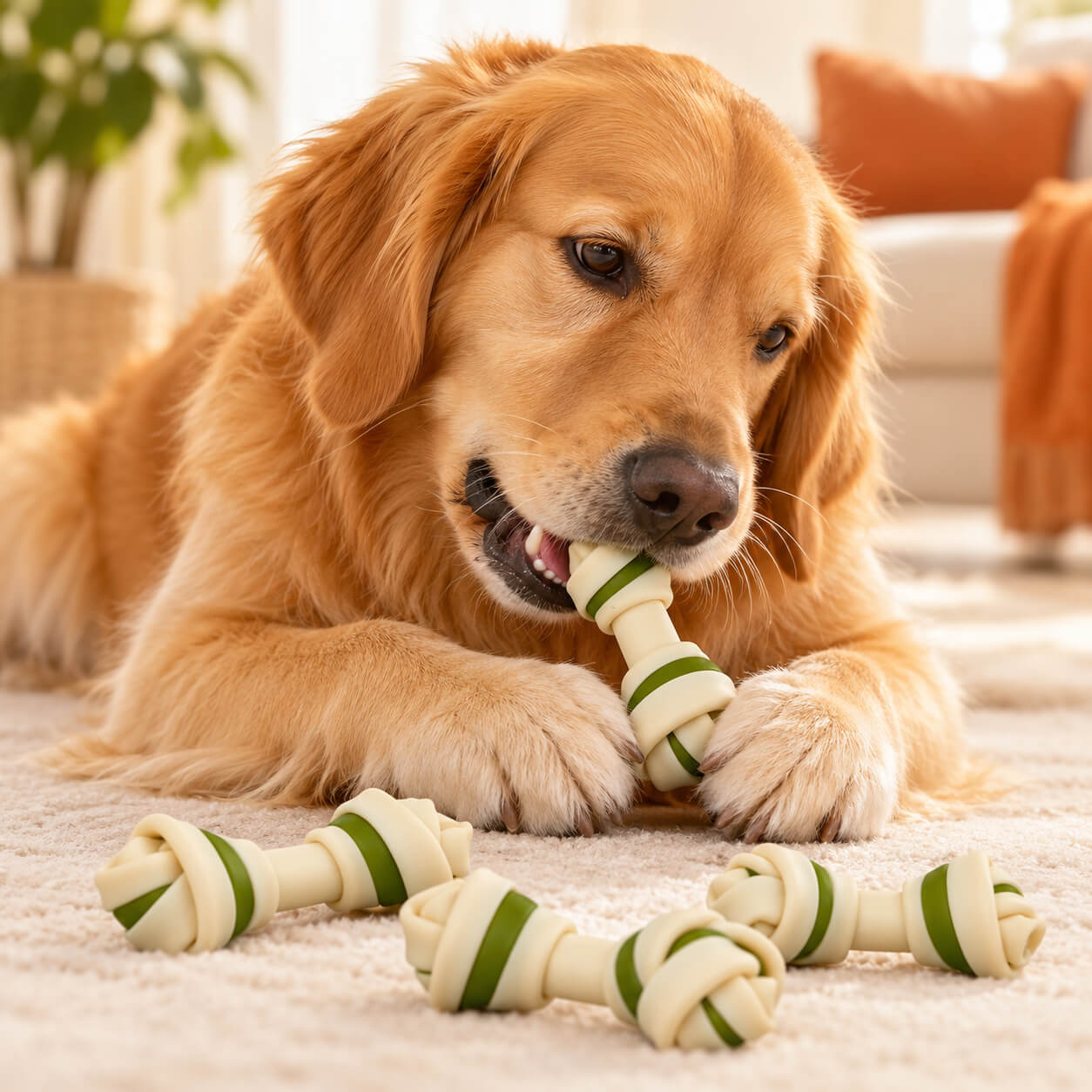 Golden retriever chewing a green and white knotted dental chew while holding it between its front paws