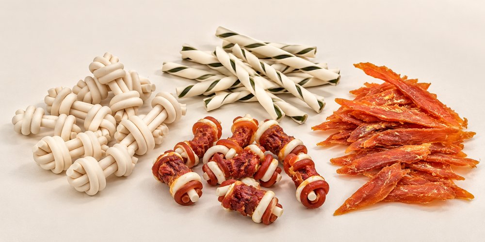 Knotted dog treats, twisted chew sticks, meat-wrapped treats and jerky