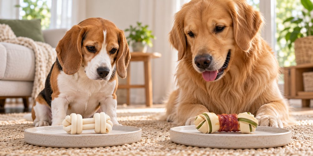 A Beagle and a Golden Retriever looking at knotted dog treats